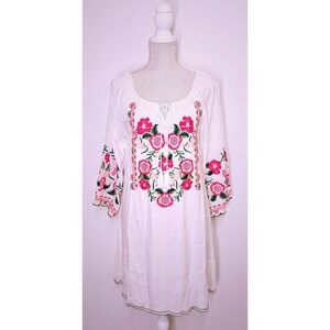 Chic Connection White Floral Embroidered Peasant Dress Tassel Tie Summer Small